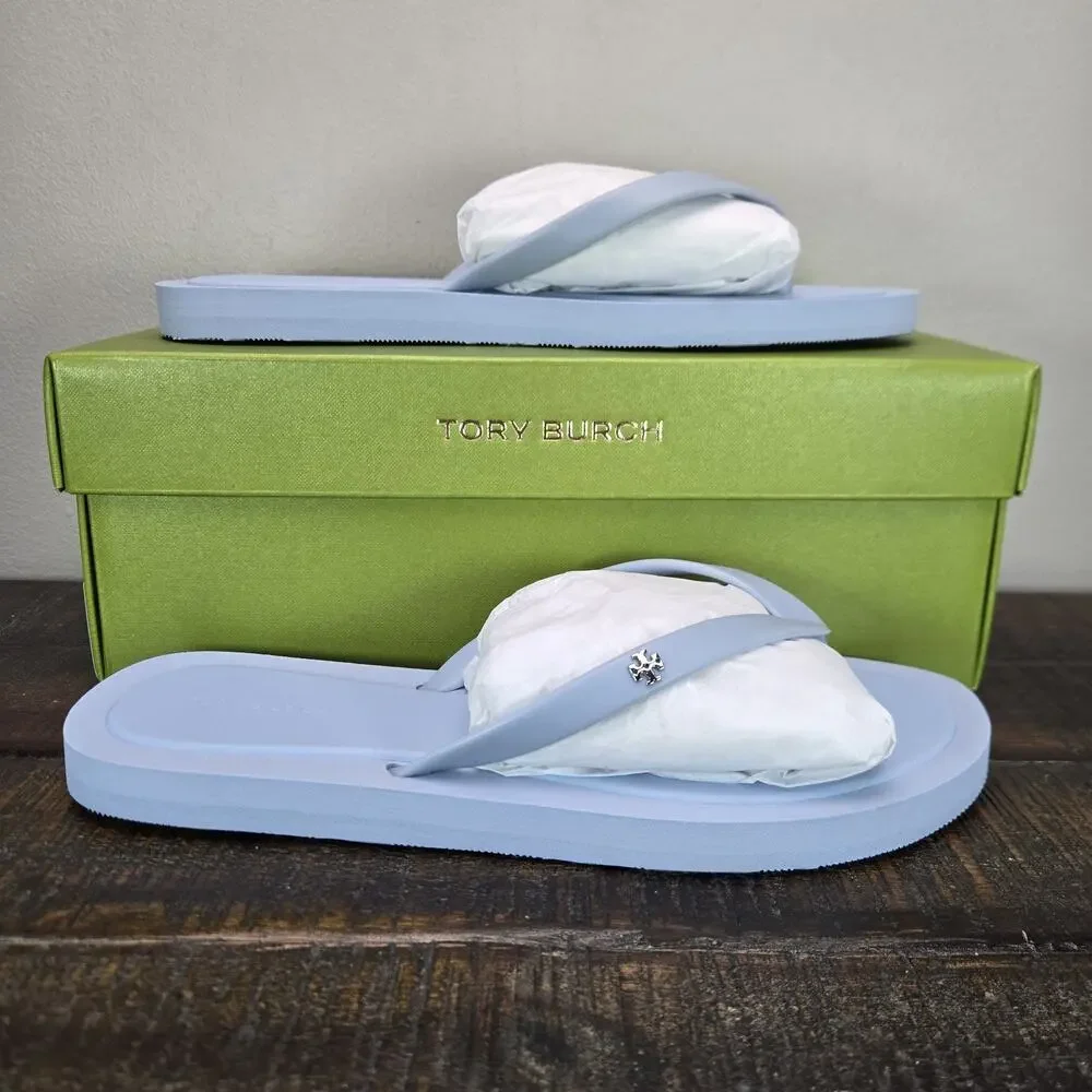 NEW Tory Burch Kira Padded Flip Flop TPU Womens Size 8 Aria Blue Silver Logo